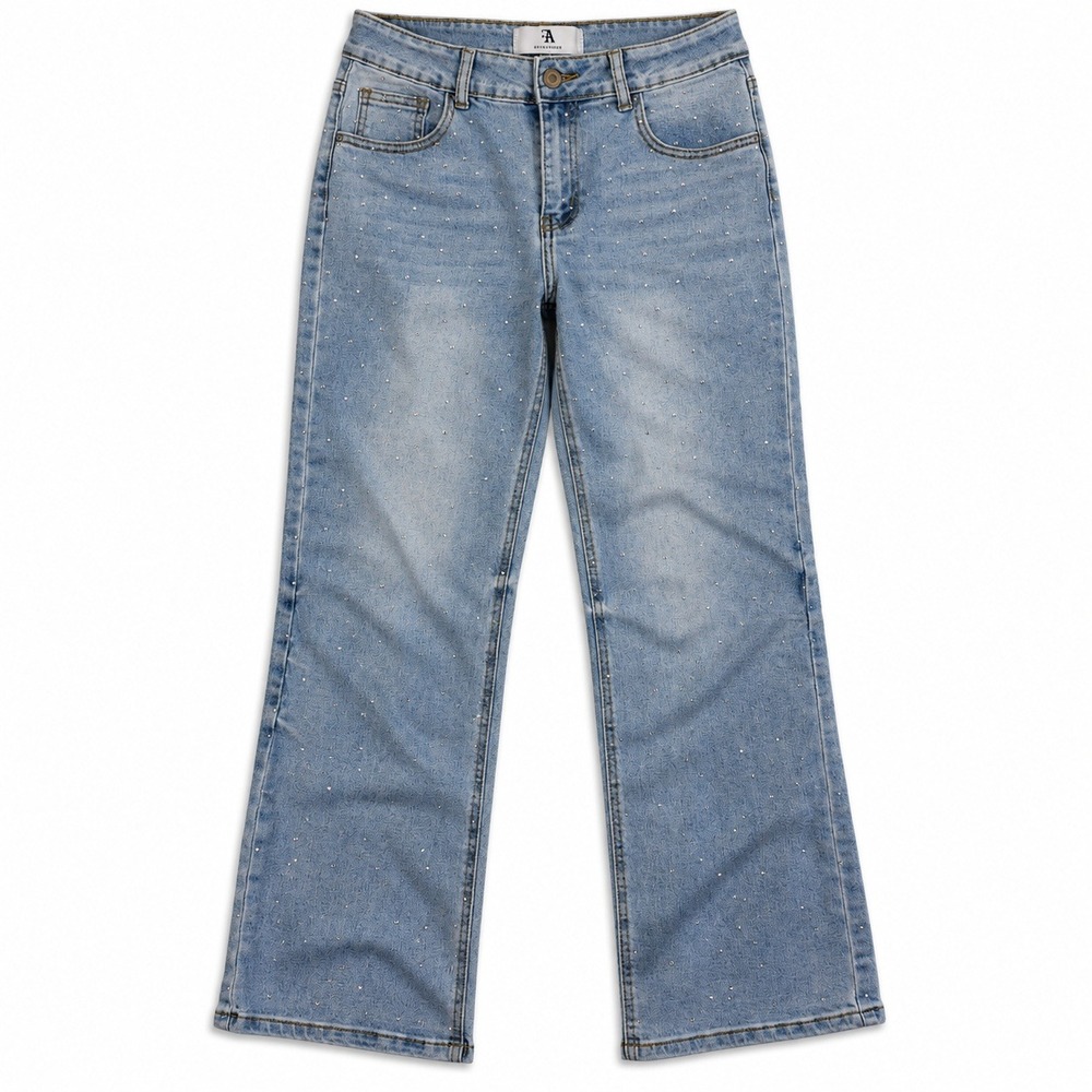 Flying Angel Rhinestone Embellished Jeans Women Light Wash Straight Leg Denim